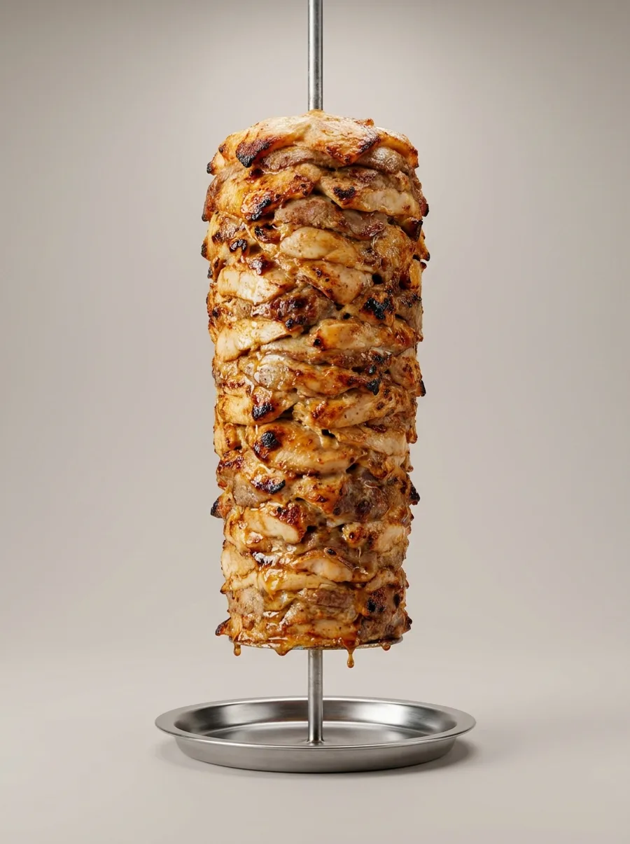 El döner kebab de la casa, dorado en su pincho